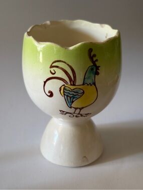 Vintage Double Egg Cup Rooster Hand Painted Made In Japan Green Edge 3 1/2”